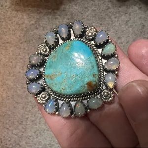 Sterling silver turquoise and Ethiopian opal cluster ring